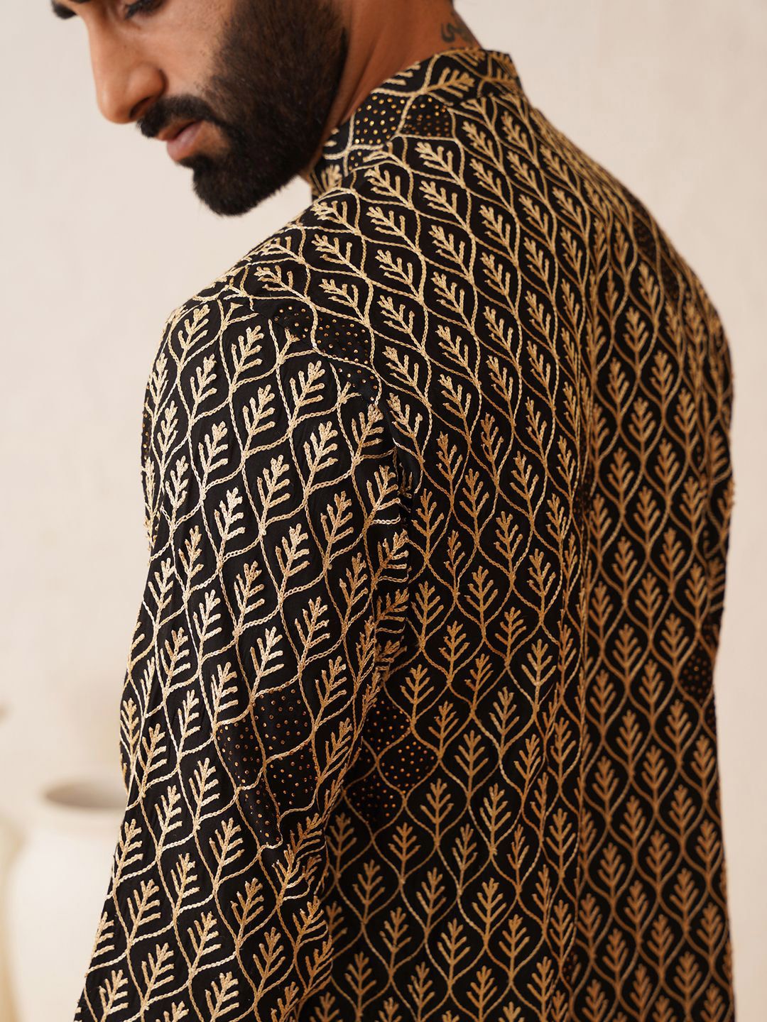 SOJANYA Kolar Mandarin Sulam Lengan Panjang Cotton Straight Kurta