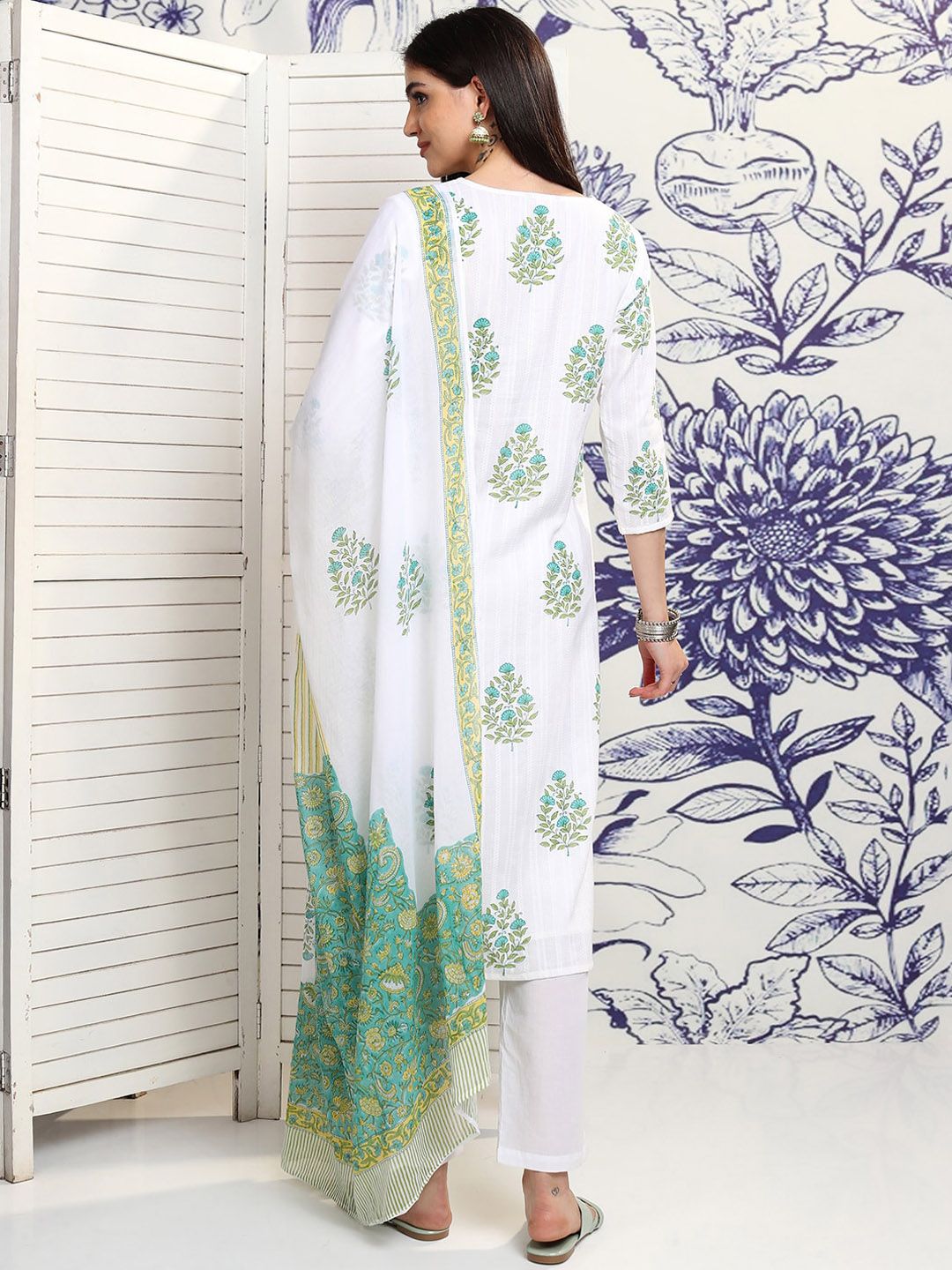 Vishudh White Floral Printed Pure Cotton Straight Kurta With Trousers & Dupatta