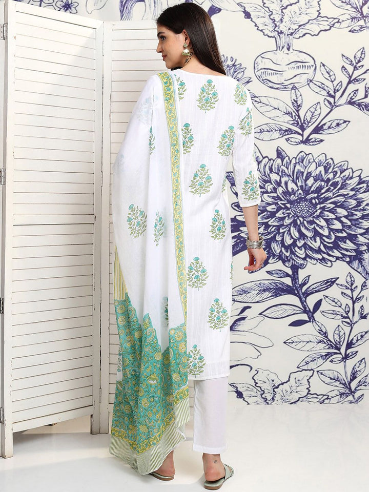 Vishudh White Floral Printed Pure Cotton Straight Kurta With Trousers & Dupatta