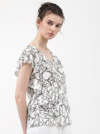 RAREISM V-Neck Floral Print Flutter Sleeve Top