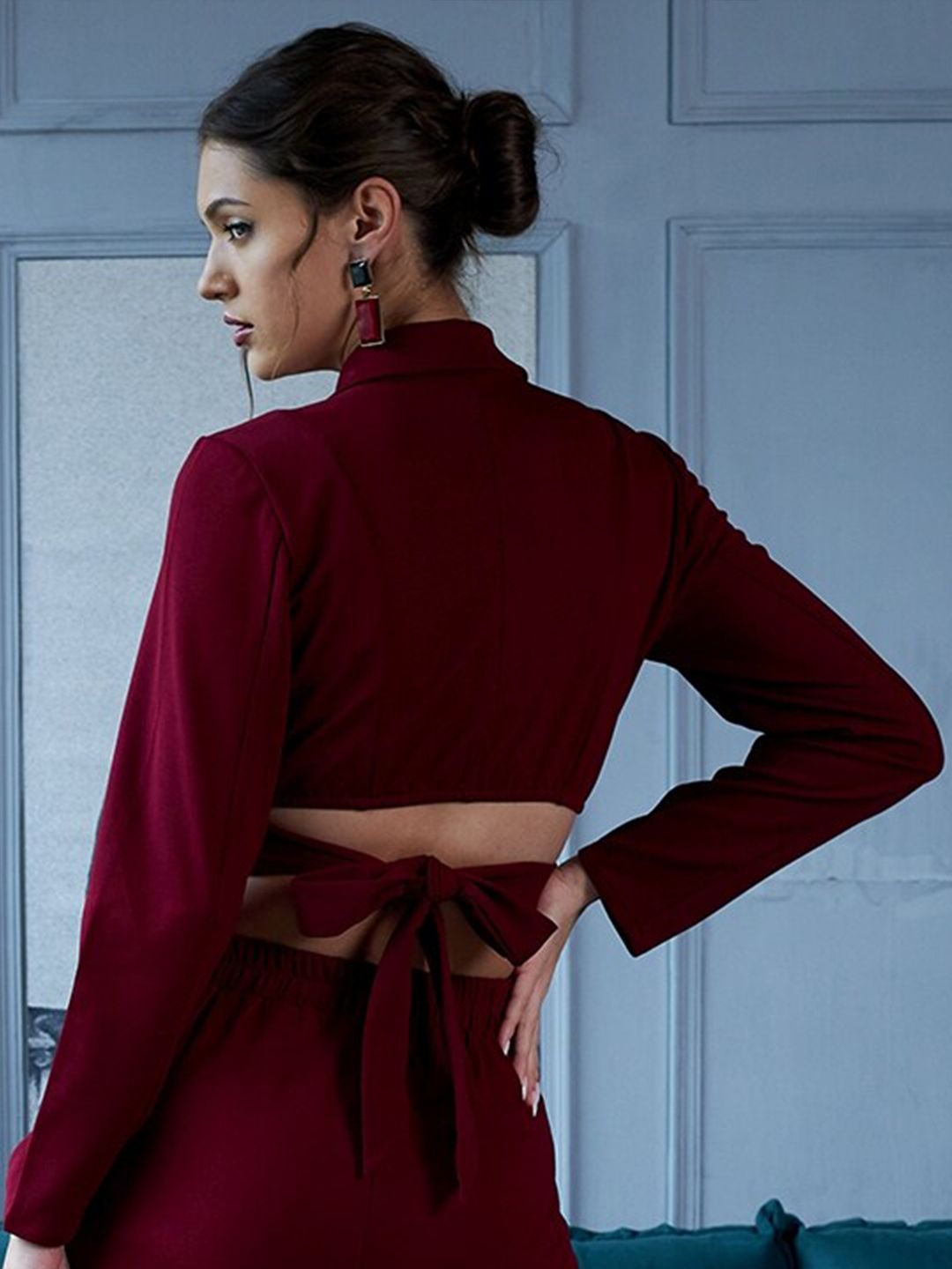 Athena Burgundy Lapel Collar Tie up Top