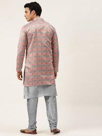 SOJANYA Men Grey & Rust Orange Kurta with Churidar