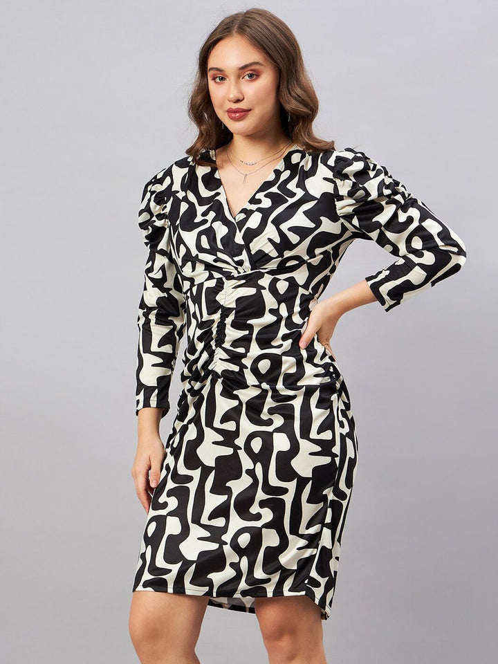 Antheaa Black & Off White Abstract Printed V-Neck Gathered Sheath Dress