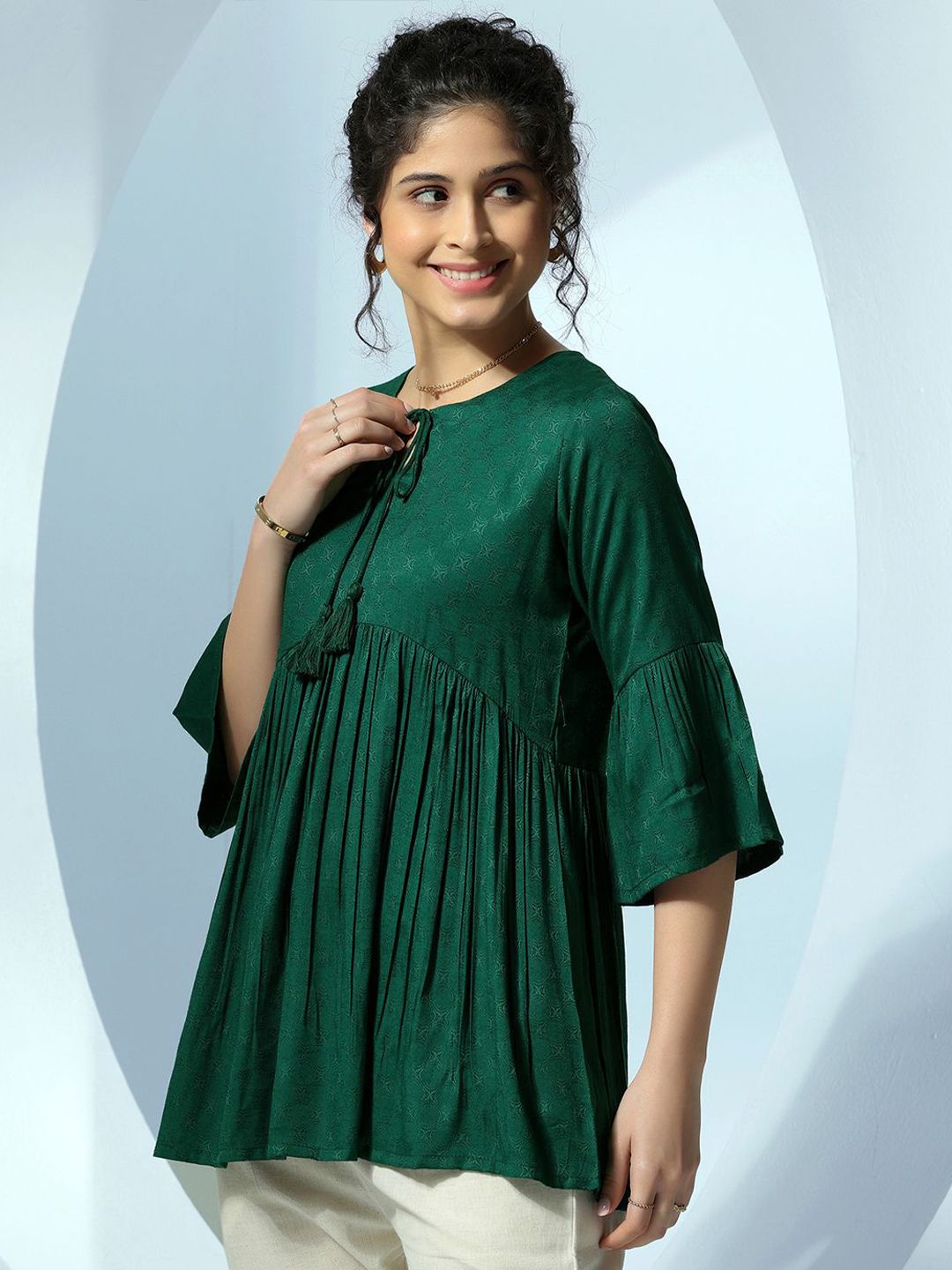 Libas Women Woven Design Tie-Up Neck A-Line Kurti