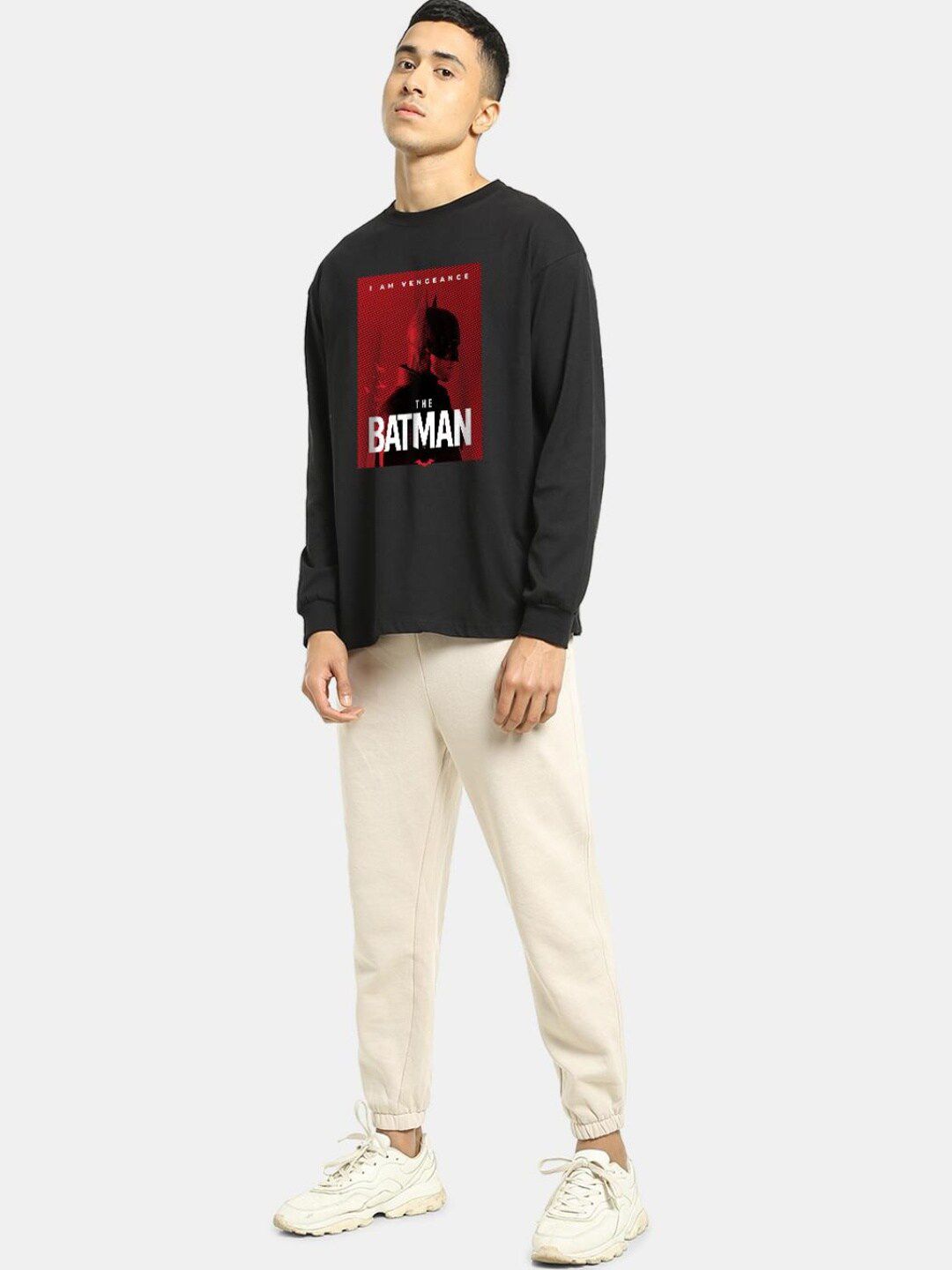 Bewakoof Men Black Printed Pure Cotton Applique Oversized T-shirt