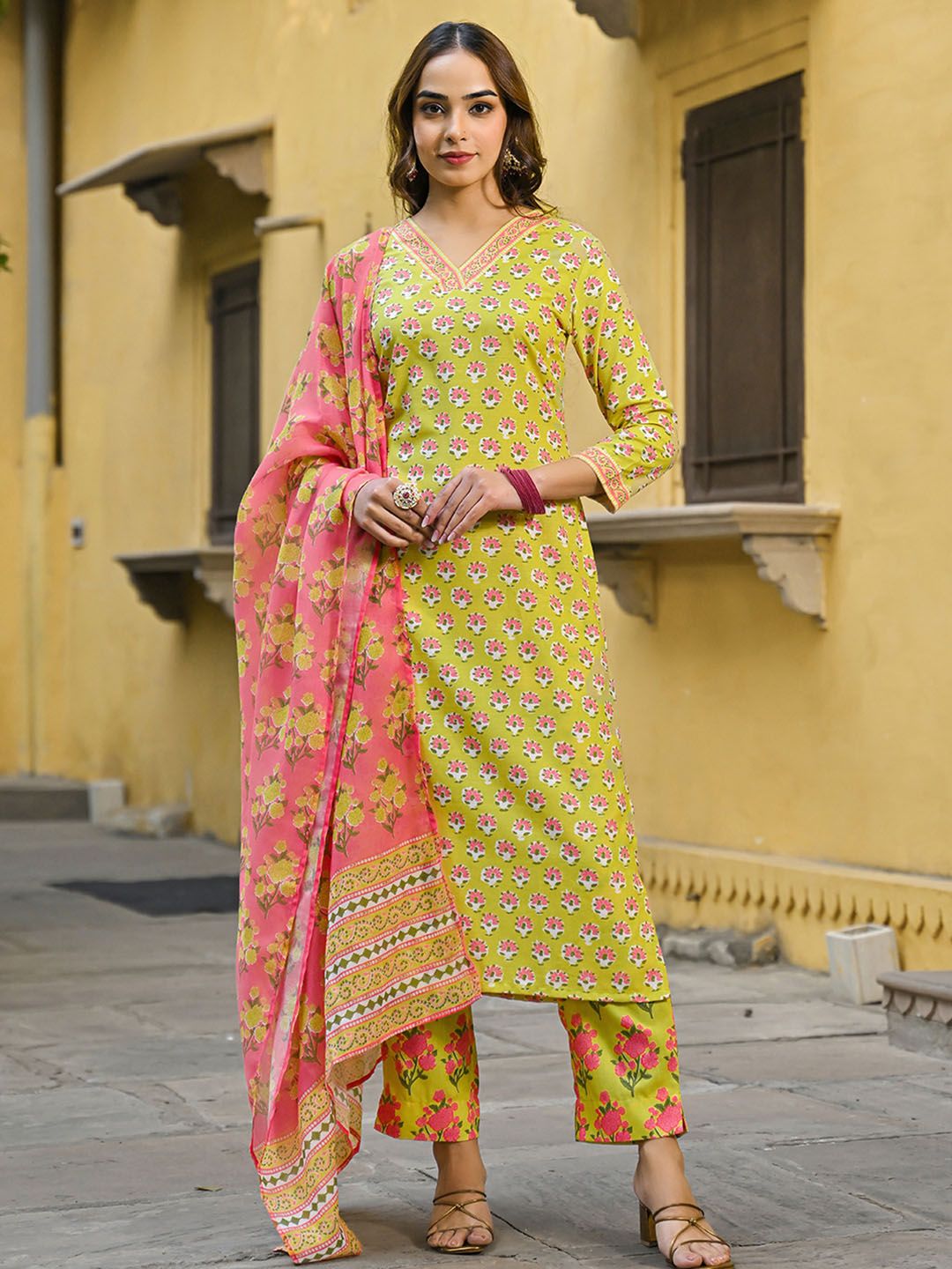 KALINI Floral Printed Straight Kurta with Trousers & Dupatta