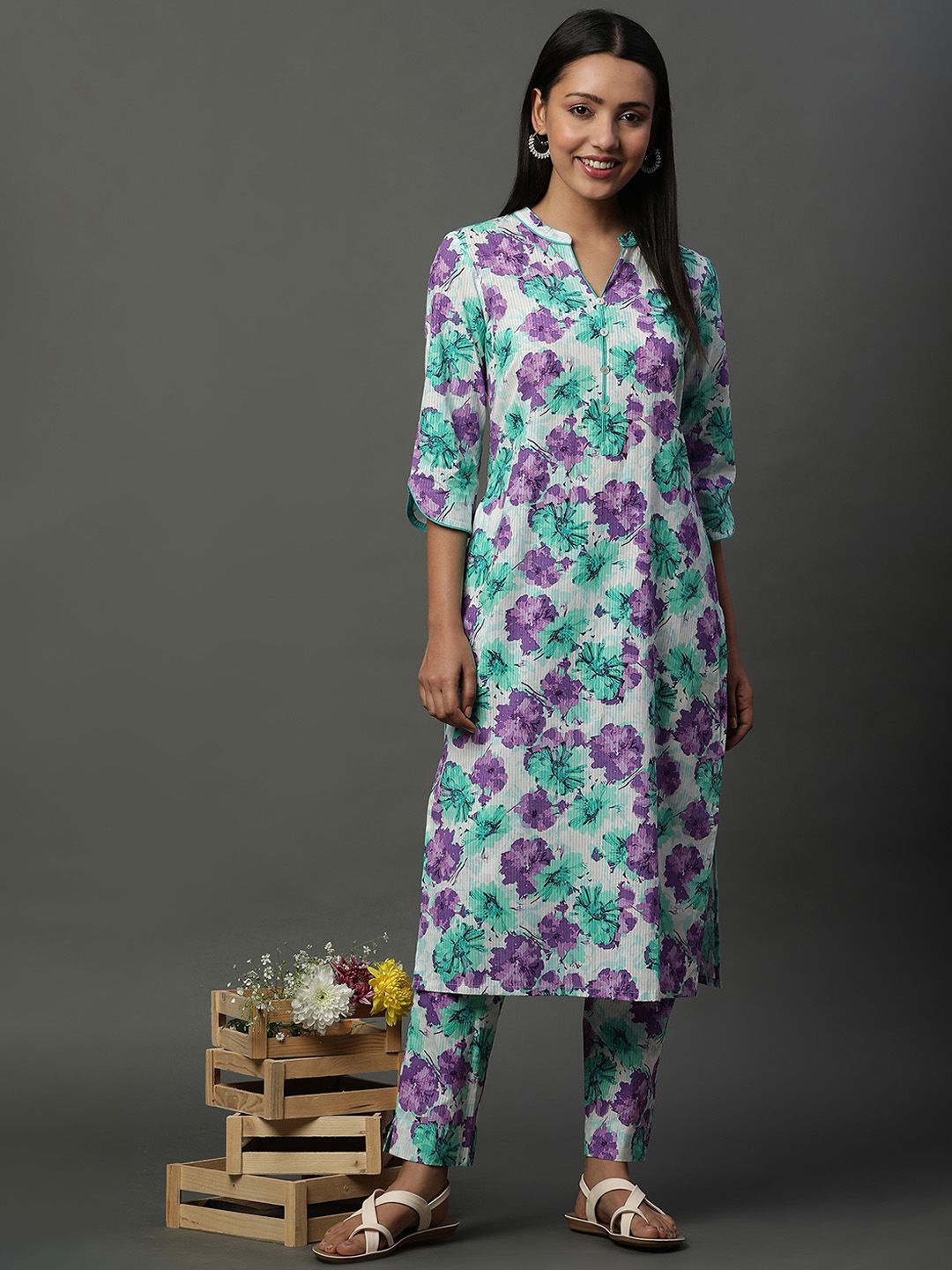 AURELIA Floral Printed Regular Pure Cotton Band Collar Straight Kurta with Trousers