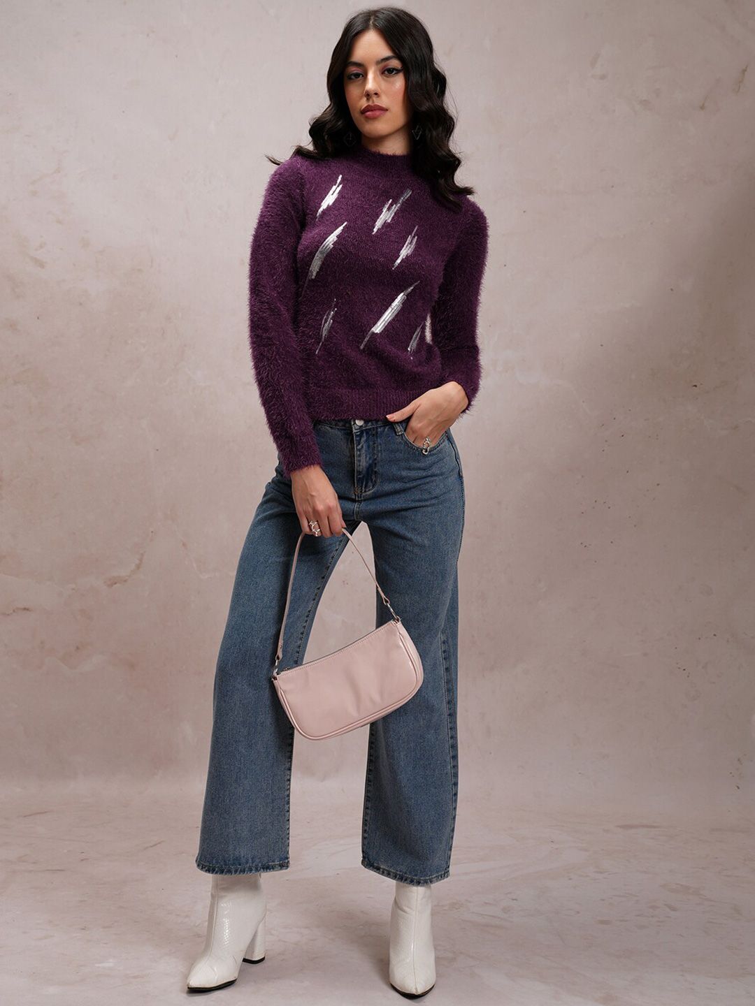 Tokyo Talkies Purple Embellished High Neck Acrylic Pullover