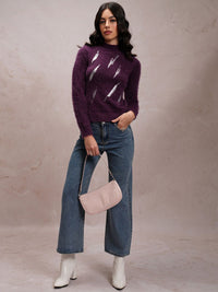 Tokyo Talkies Purple Embellished High Neck Acrylic Pullover