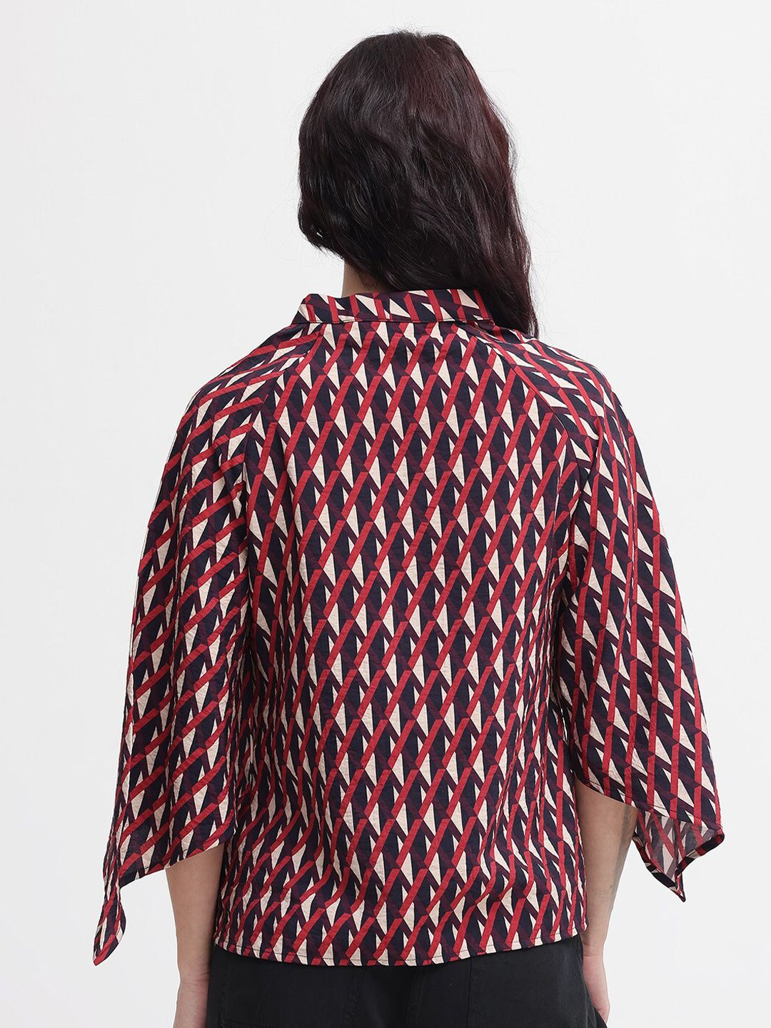 RAREISM Geometric Print Flared Sleeve Cotton Top