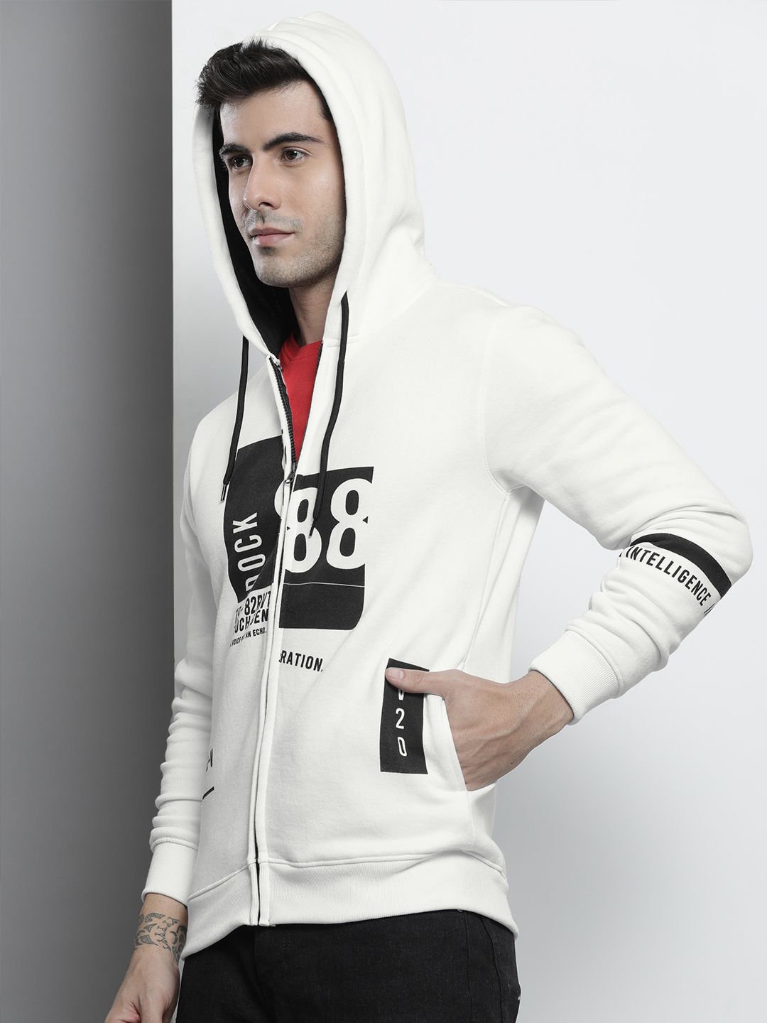 The Indian Garage Co Men White Colourblocked Hooded Sweatshirt