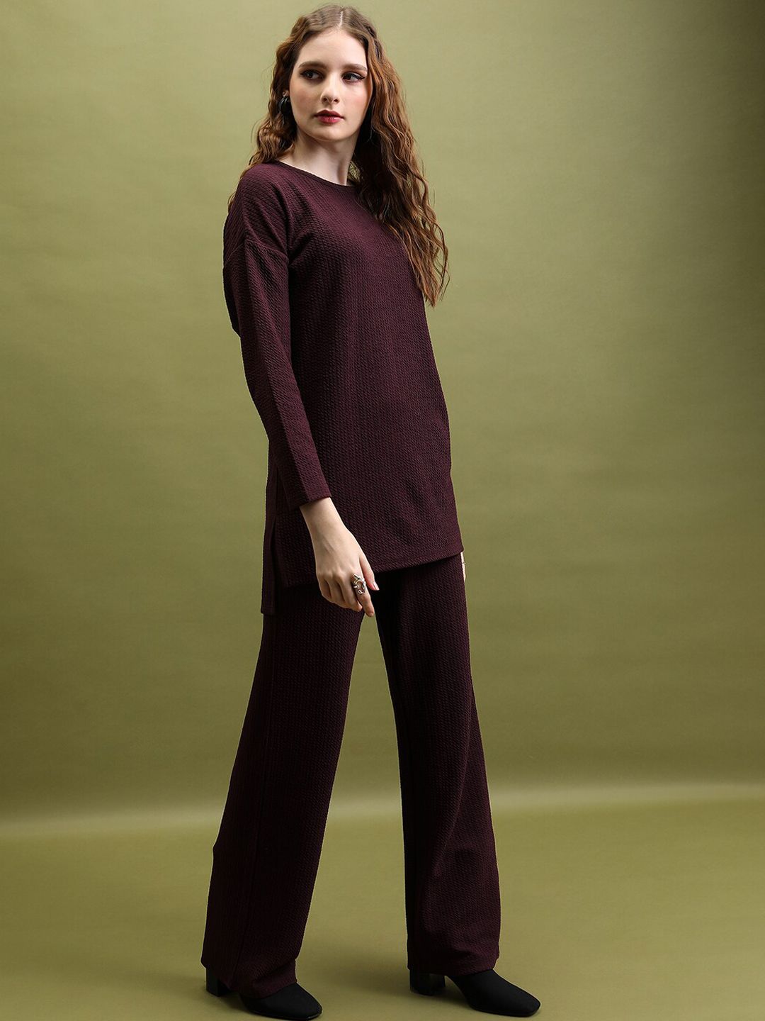 Tokyo Talkies Burgundy Self-Design Round Neck Tunic & Trousers