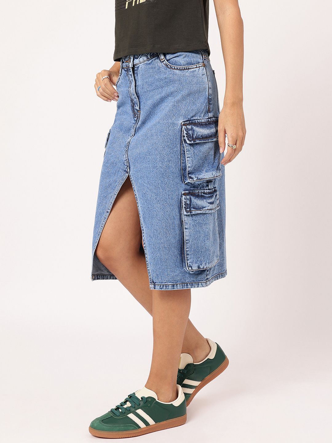 DressBerry Urban Edge Front Slit Cargo-Style Denim Midi Skirt