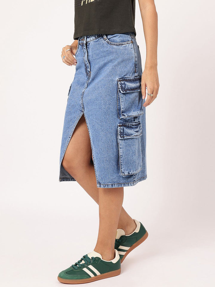 DressBerry Urban Edge Front Slit Cargo-Style Denim Midi Skirt