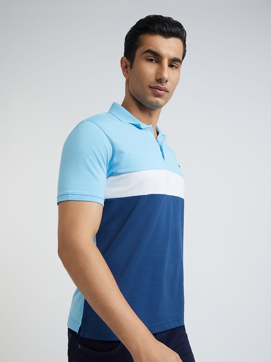Park Avenue Men Blue & White Colourblocked Polo Collar Slim Fit T-shirt