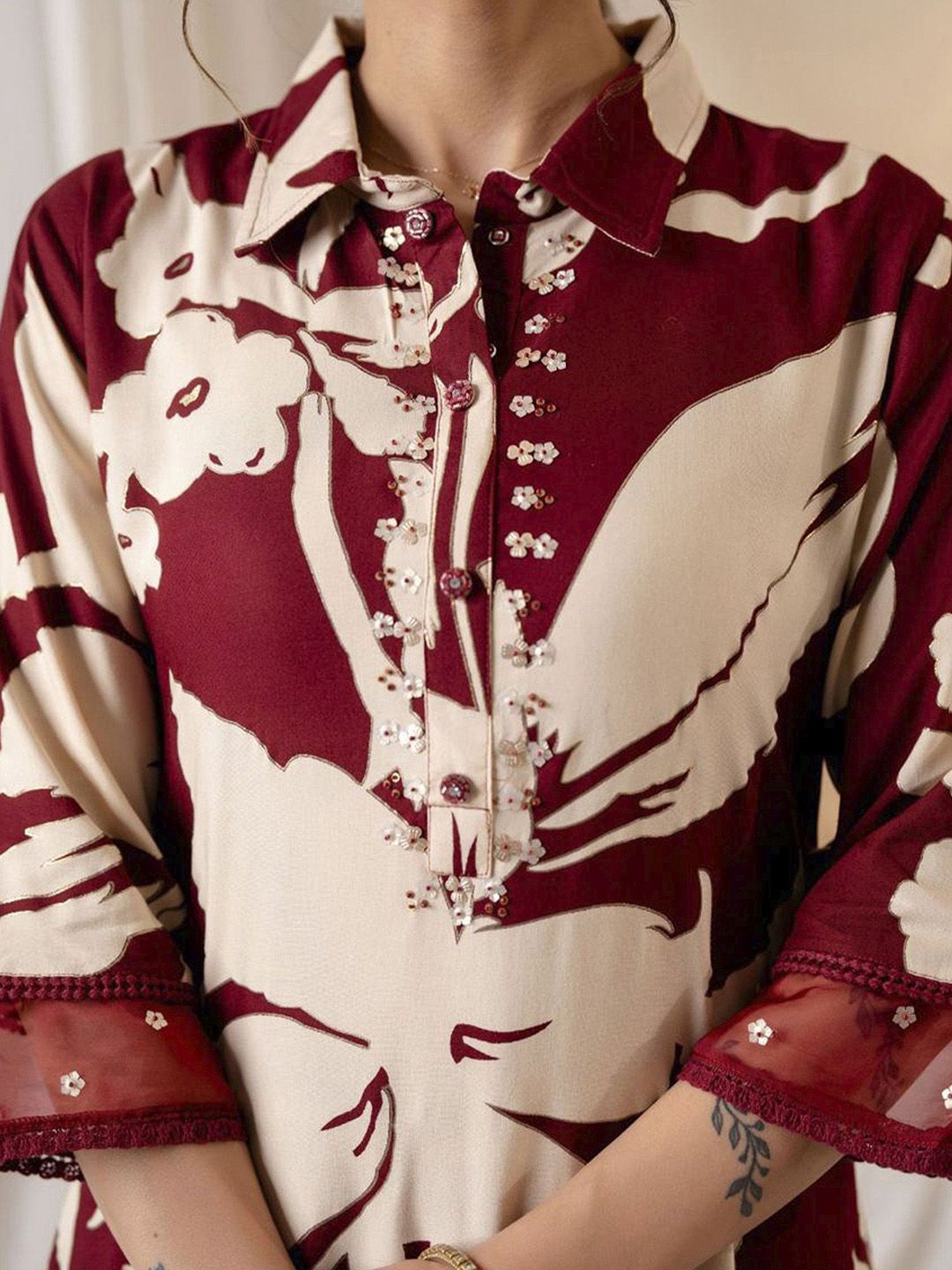 Indo Era Floral Printed Shirt Collar Sequinned Kurta with Trousers