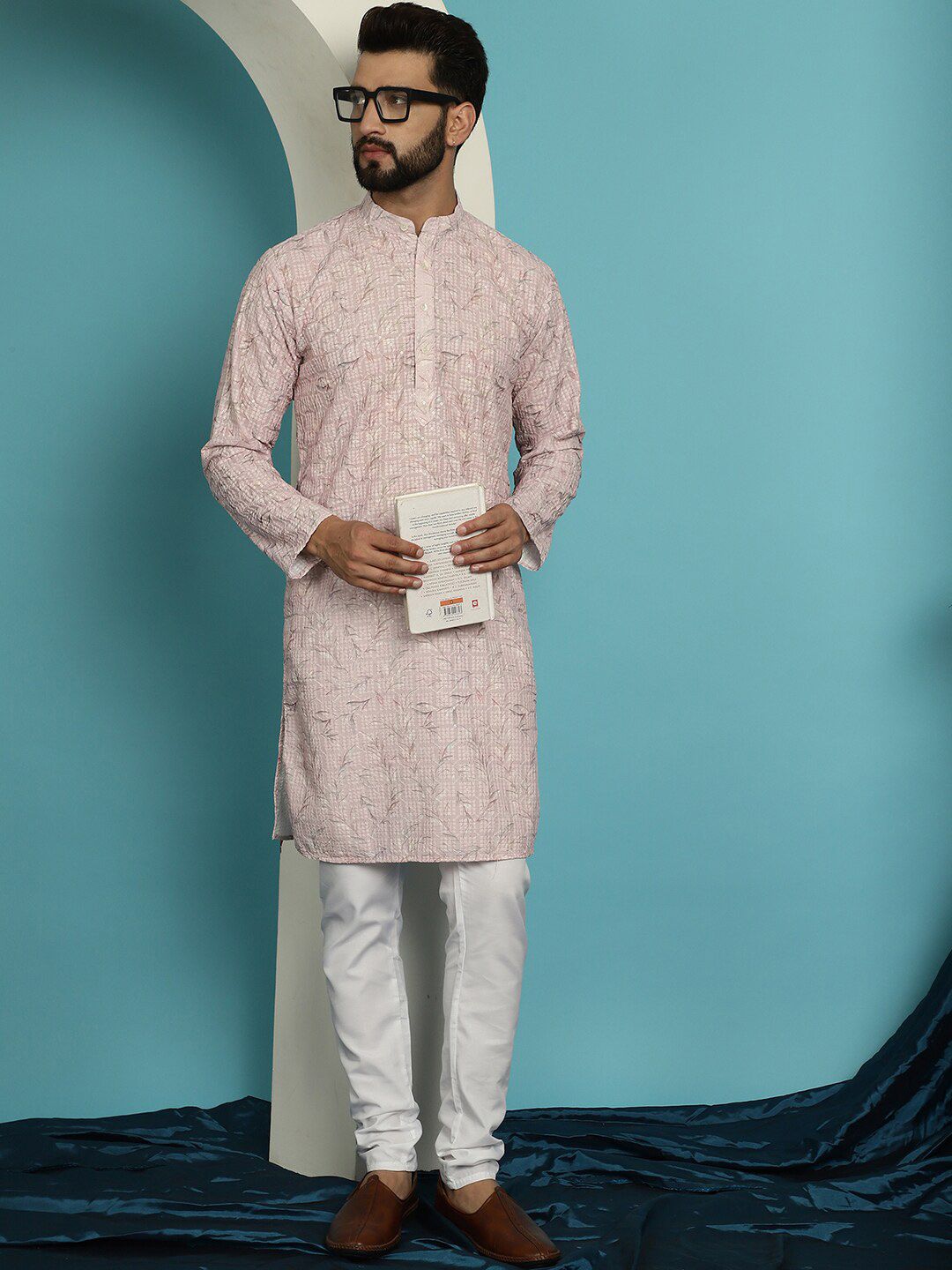 SOJANYA Floral Embroidered Band Collar Pure Cotton Kurta With Churidar