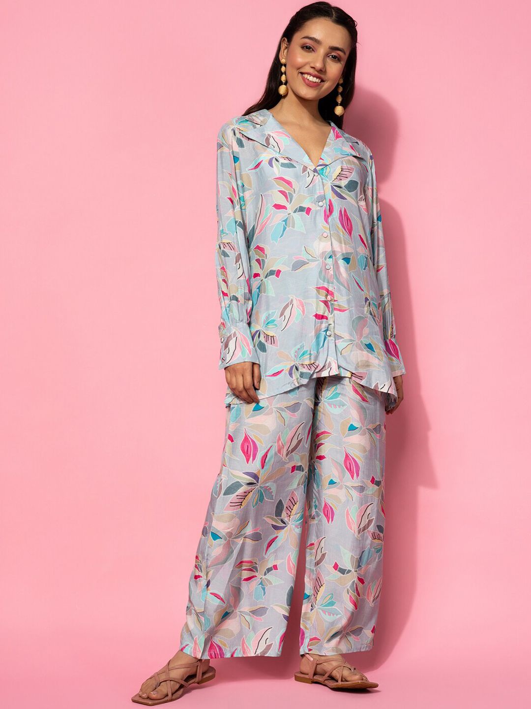 Libas Floral Printed Longline A-Line Shirt & Palazzo Set