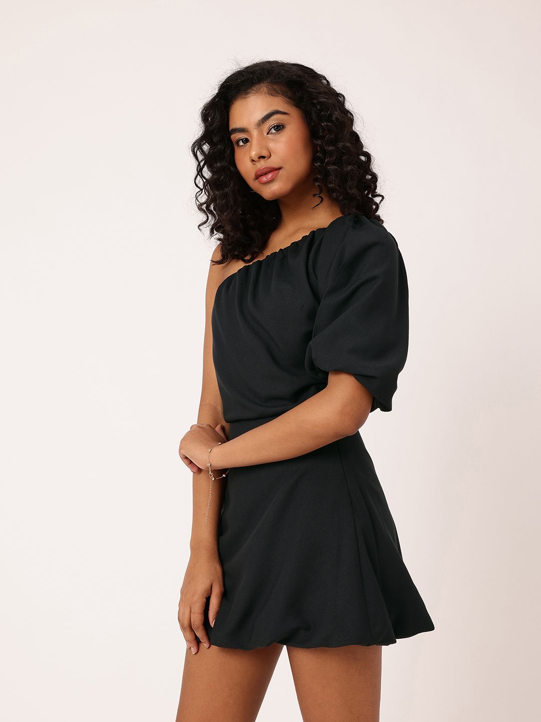 DressBerry Cutesy Classic One Shoulder Gathers Puff Sleeve Mini A-Line Dress