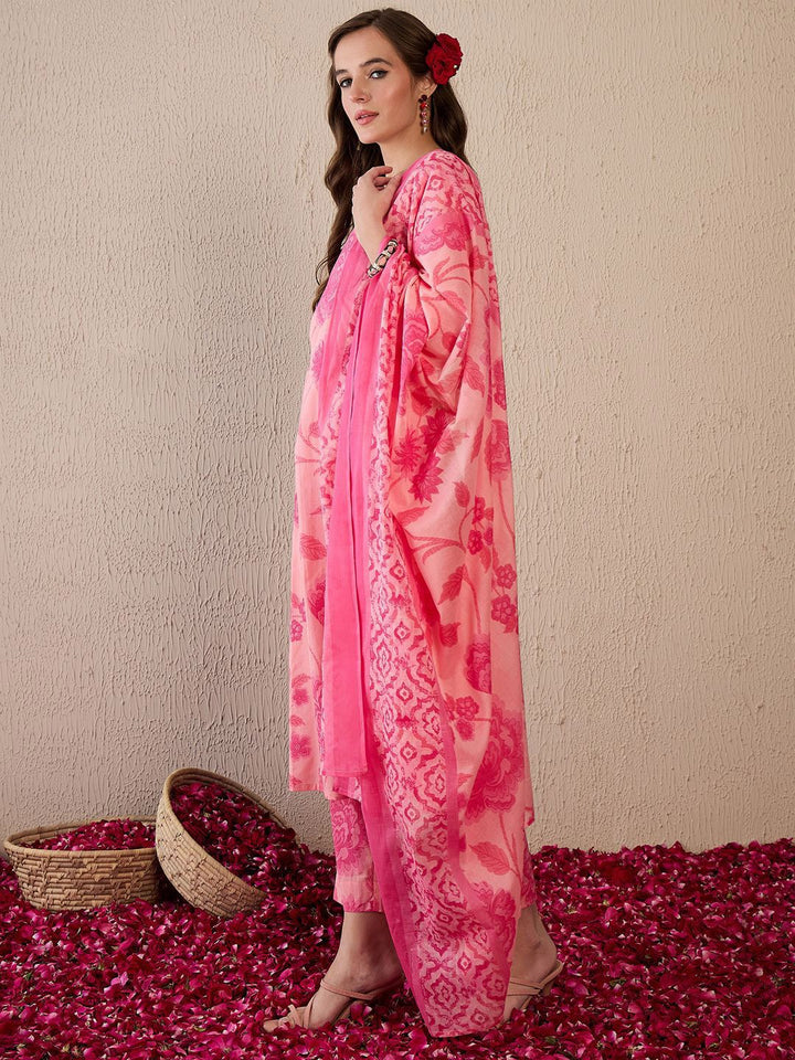 Indo Era Women Floral Printed Regular Pure Cotton Kurta with Trousers & With Dupatta