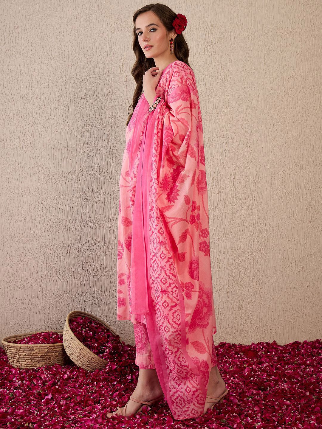Indo Era Women Floral Printed Regular Pure Cotton Kurta with Trousers & With Dupatta
