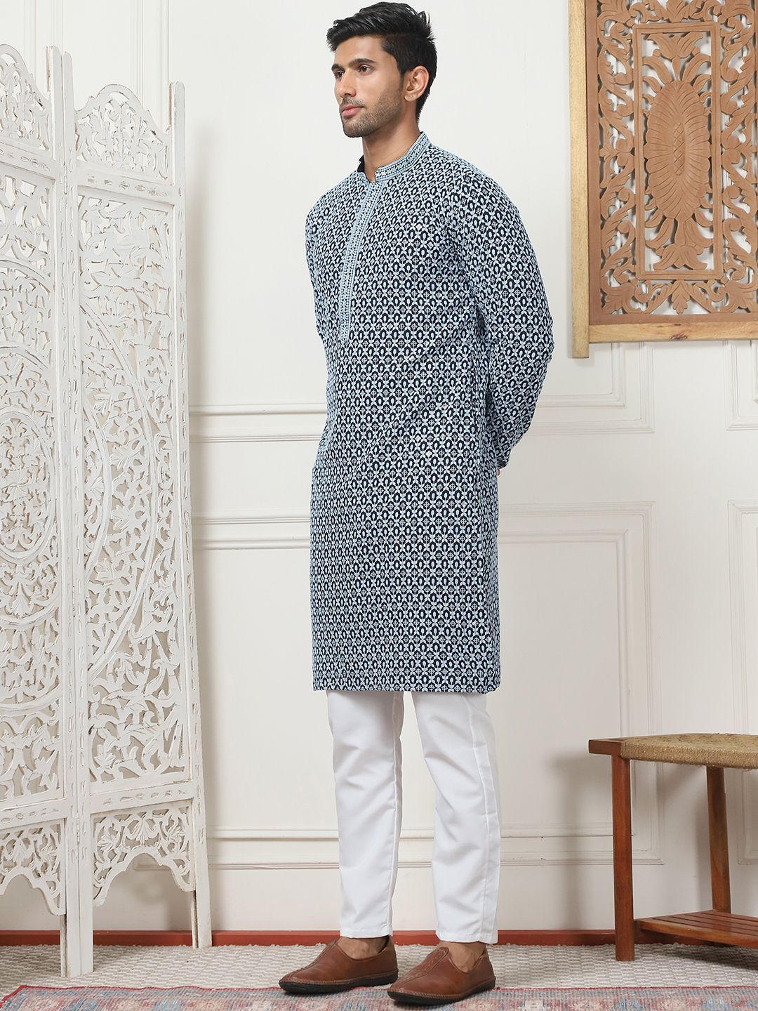 Anouk Blue Floral Embroidered Sequinned Mandarin Collar Regular Kurta with Pyjamas