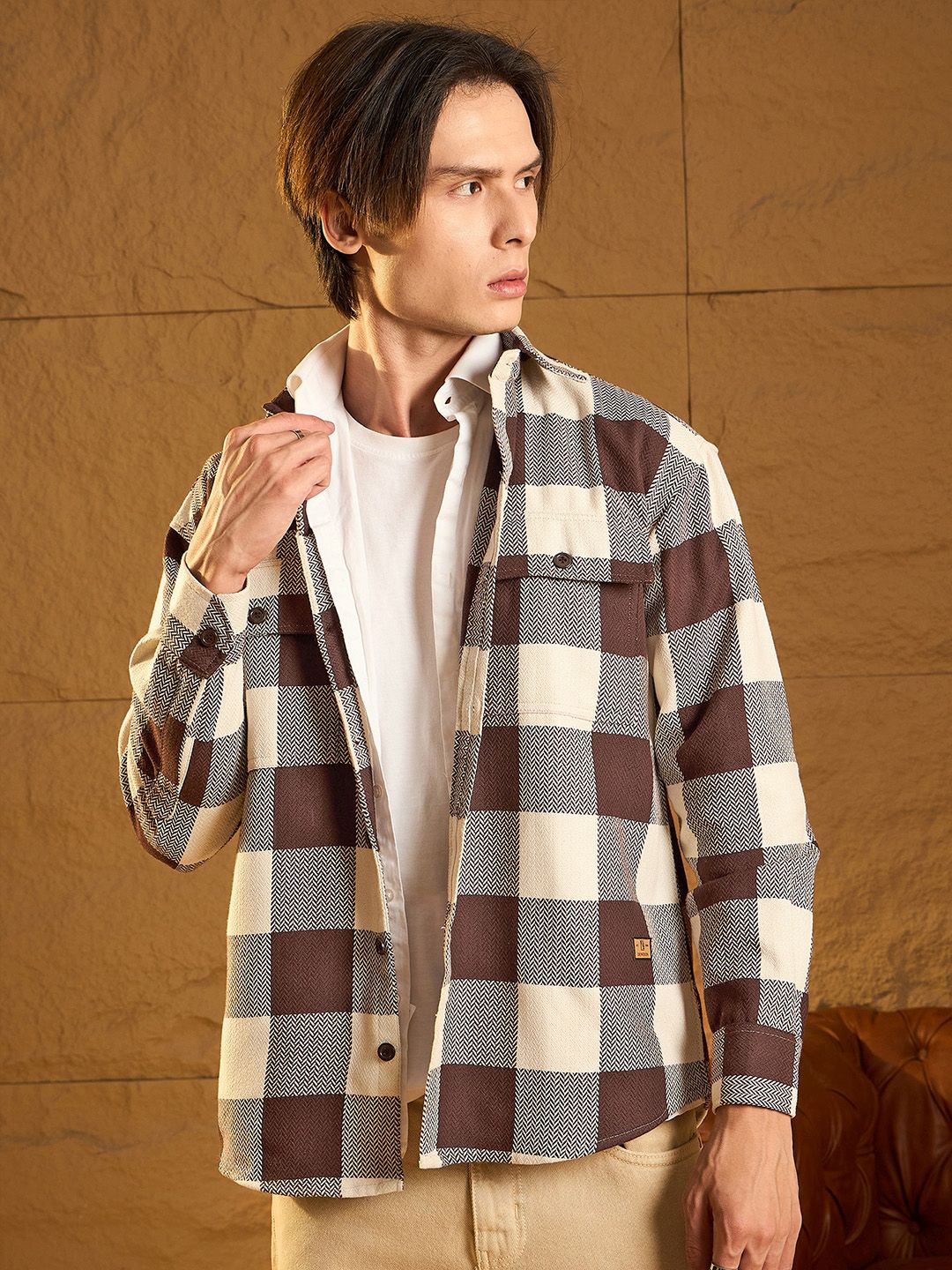 DENNISON Men Double Pocket Drop Shoulder Oversized Cotton Checked Shacket