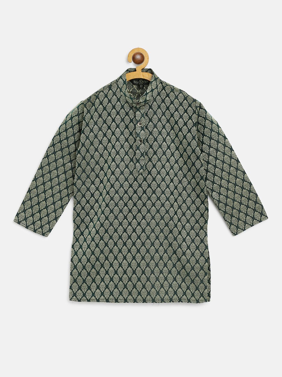 SOJANYA Kurta Lurus Bercorak Etnik Jacquard Hijau Tua & Emas