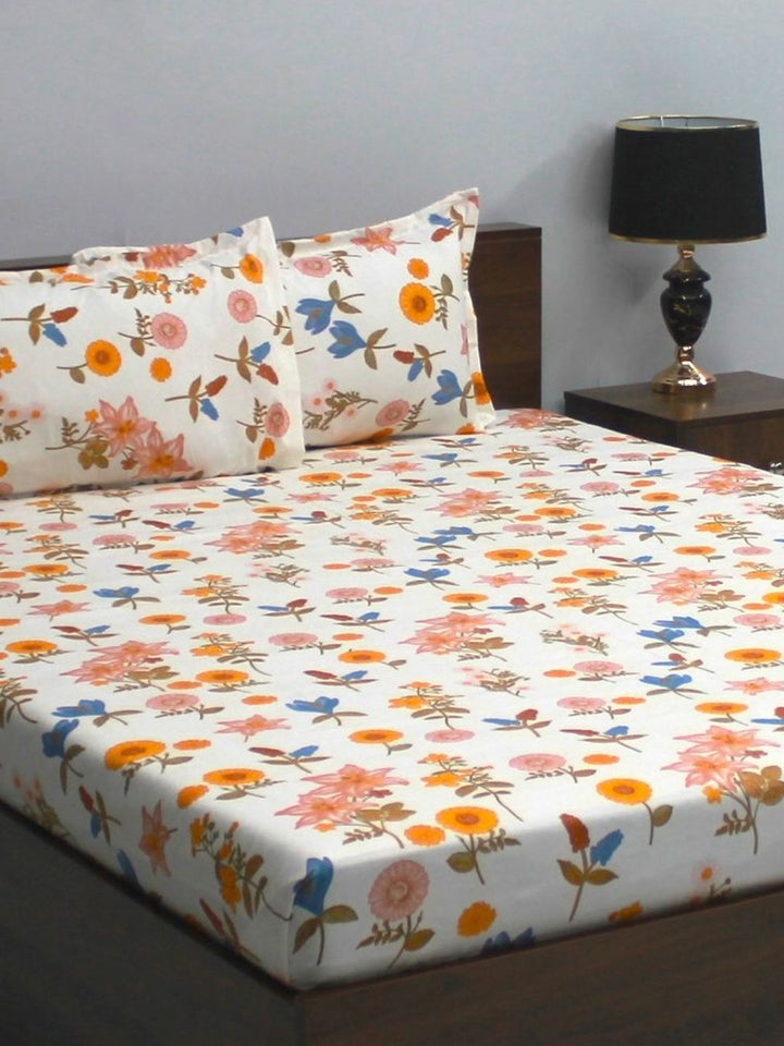 BOMBAY DYEING Vista Yellow & White Floral 144 TC Queen Bedsheet With 2 Pillow Covers