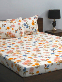 BOMBAY DYEING Vista Yellow & White Floral 144 TC Queen Bedsheet With 2 Pillow Covers