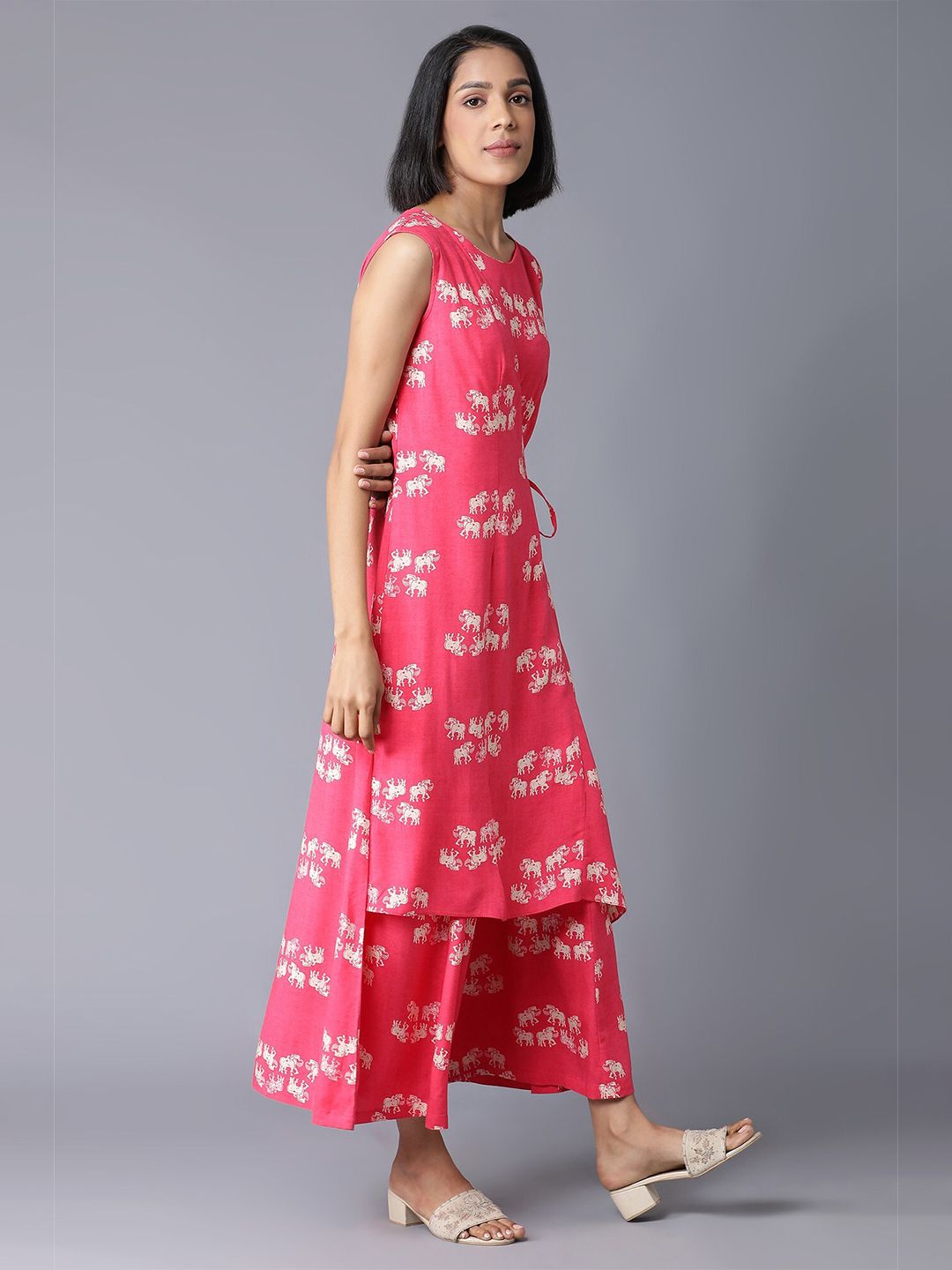 W Pink & Off-White Printed Ethnic Layered Basic Jumpsuit