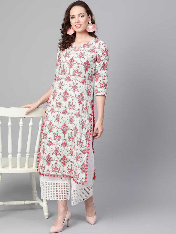 SOJANYA Women Sea Green & Pink Printed Straight Kurta