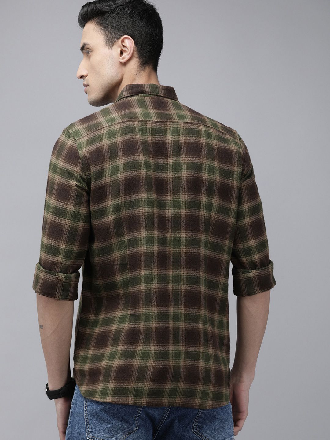THE BEAR HOUSE Men Brown and Green Tartan Checks Slim Fit Casual Shirt