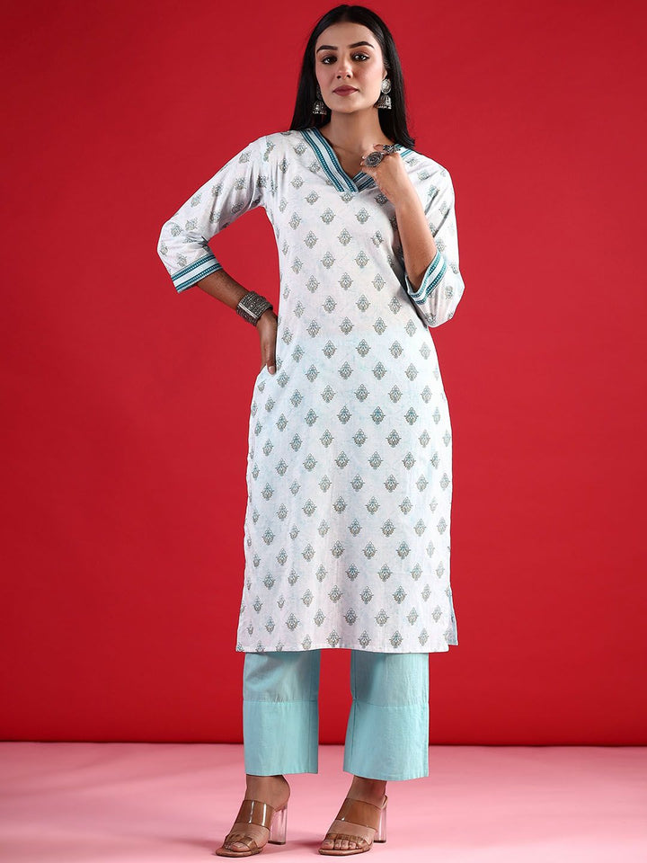 Indo Era Floral Printed V-Neck Long Sleeves Straight Cotton Kurta
