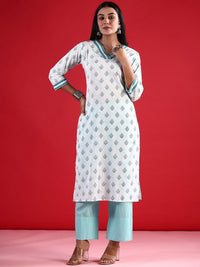 Indo Era Floral Printed V-Neck Long Sleeves Straight Cotton Kurta