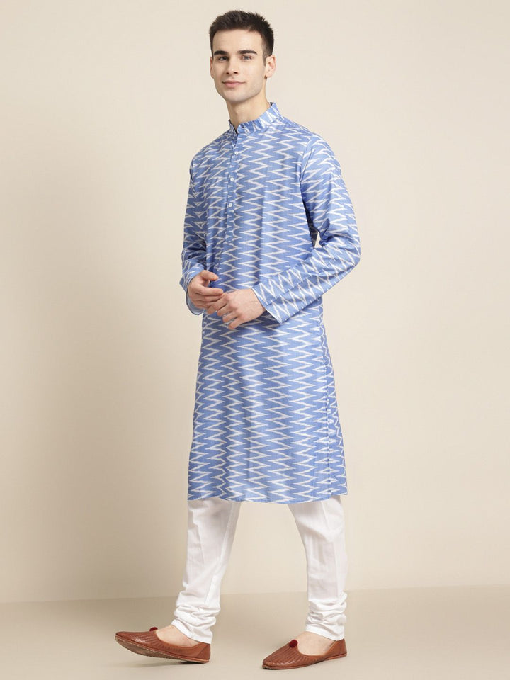 SOJANYA Men Blue & White Pure Cotton Chevron Printed Kurta