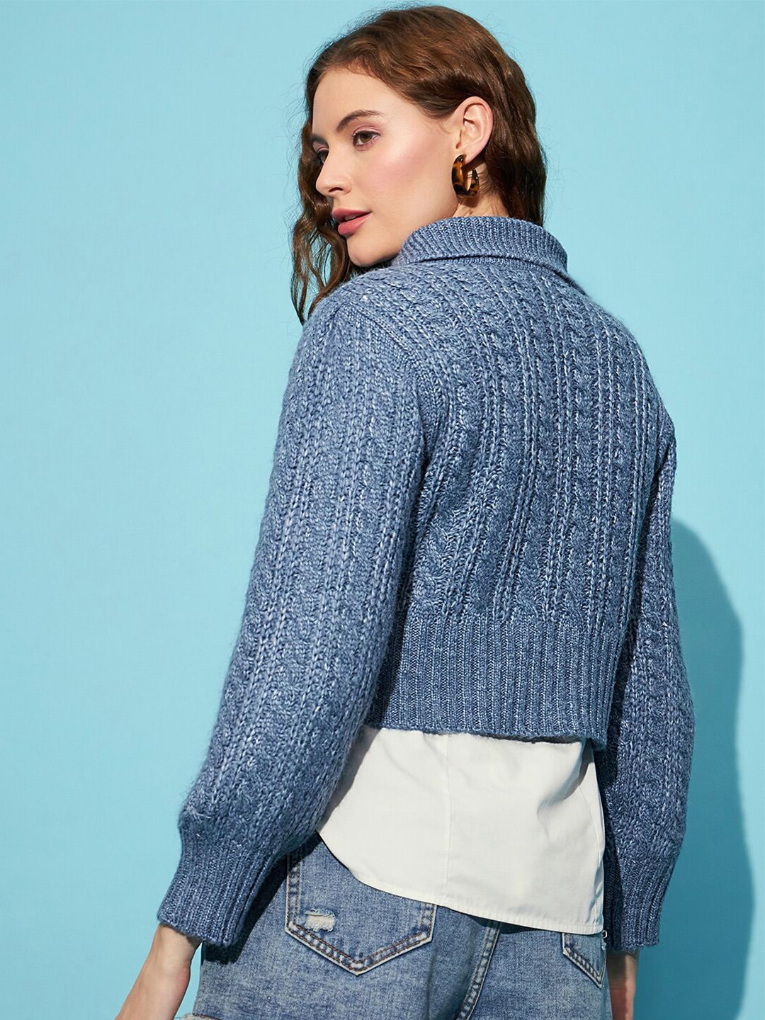 STREET 9 Blue Ribbed Cable knit Shirt Collar Acrylic Crop Pullover Sweater
