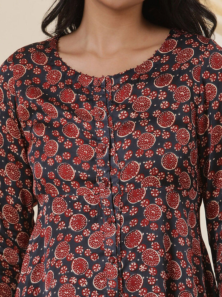 W Floral Printed Round Neck A-Line Top