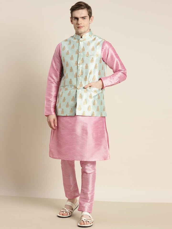 SOJANYA Men Kurta with Churidar & Ethnic Motifs Embroidered Nehru Jacket