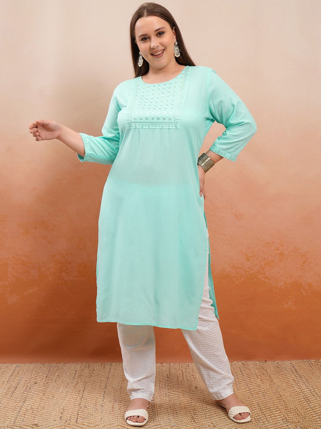 Vishudh Plus Size Blue Floral Yoke Design Thread Work Straight Kurta