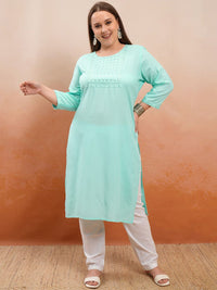 Vishudh Plus Size Blue Floral Yoke Design Thread Work Straight Kurta