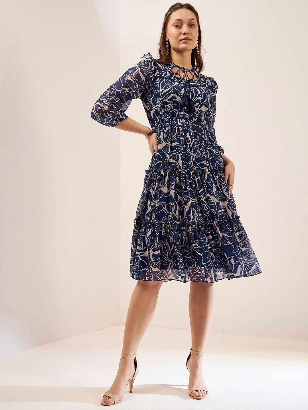 Antheaa Blue Floral Print Tie-Up Neck Cuffed Sleeves Chiffon Fit & Flare Dress
