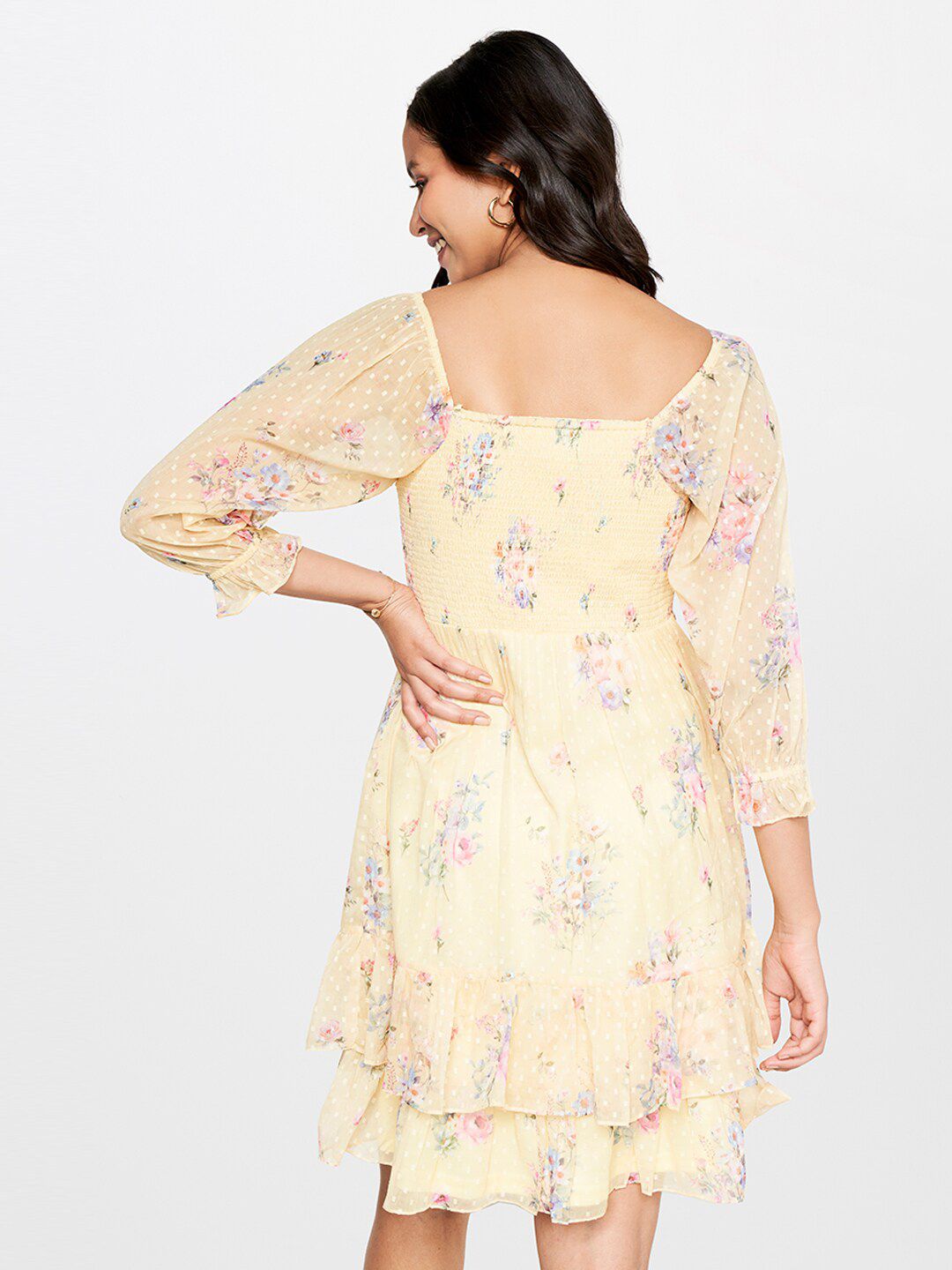 AND Square Neck Floral Printed Layered Smocked A-Line Dress
