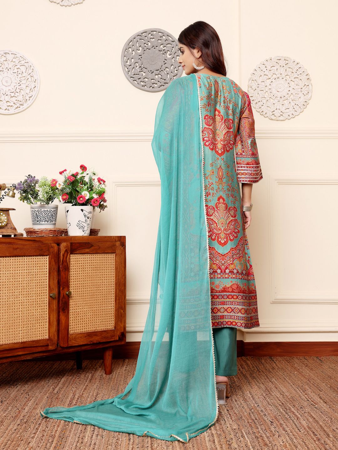 Varanga Ethnic Motifs Printed Chanderi Silk Kurta With Trousers And Dupatta