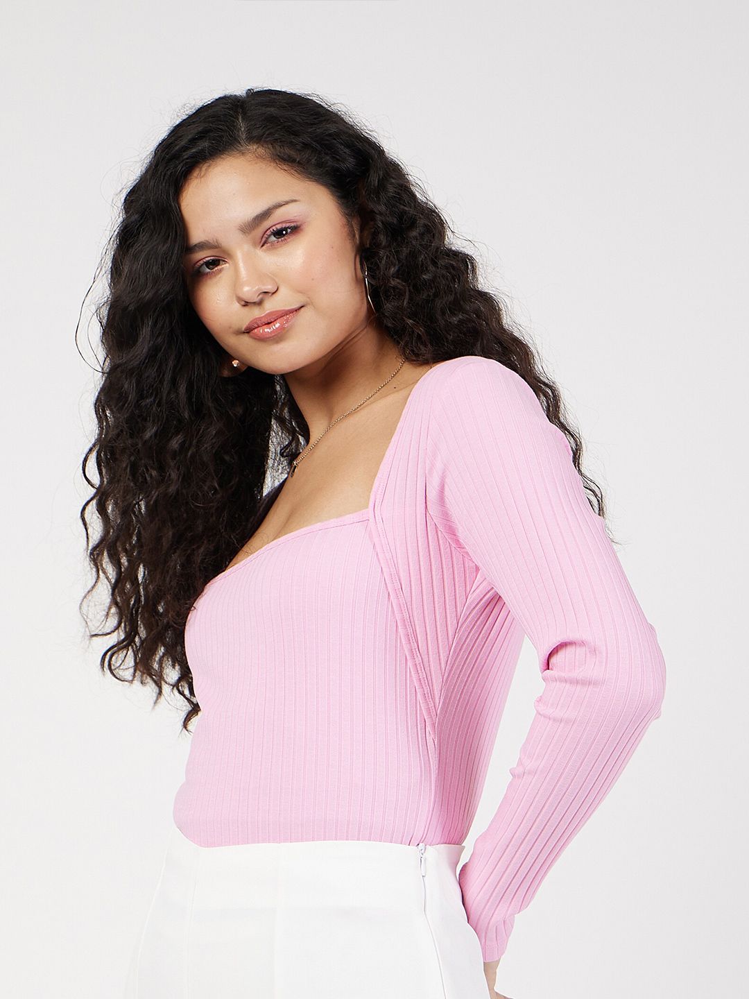 SASSAFRAS Pink Ribbed Square Neck Top