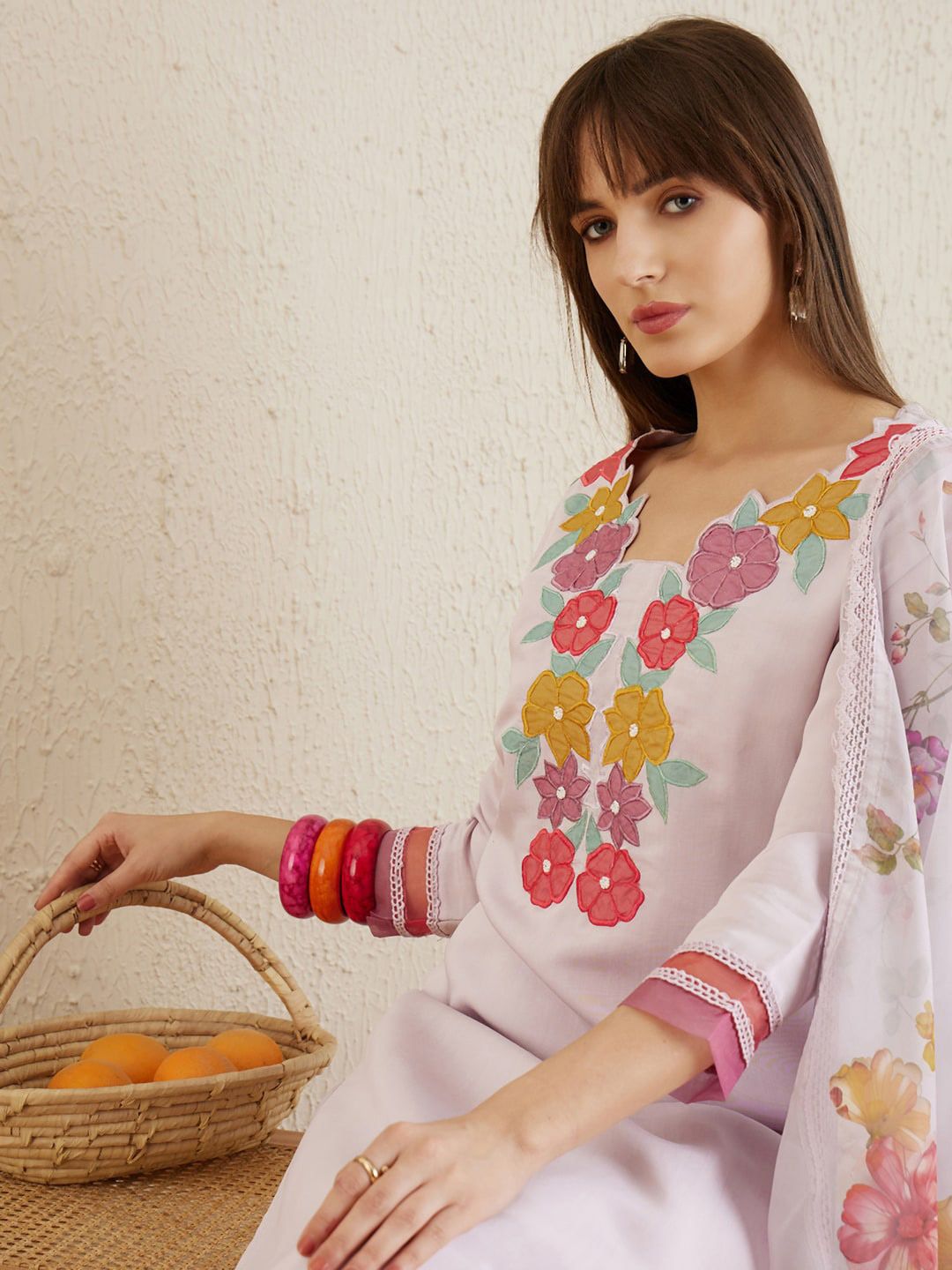 Indo Era Floral Embroidered Regular Patchwork Kurta with Trousers & Dupatta