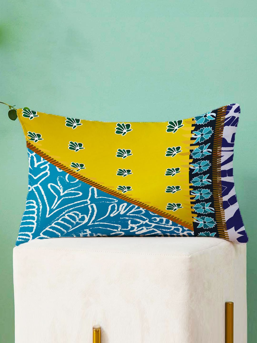 STITCHNEST Blue & Yellow Set of 2 Floral Rectangle Cushion Covers