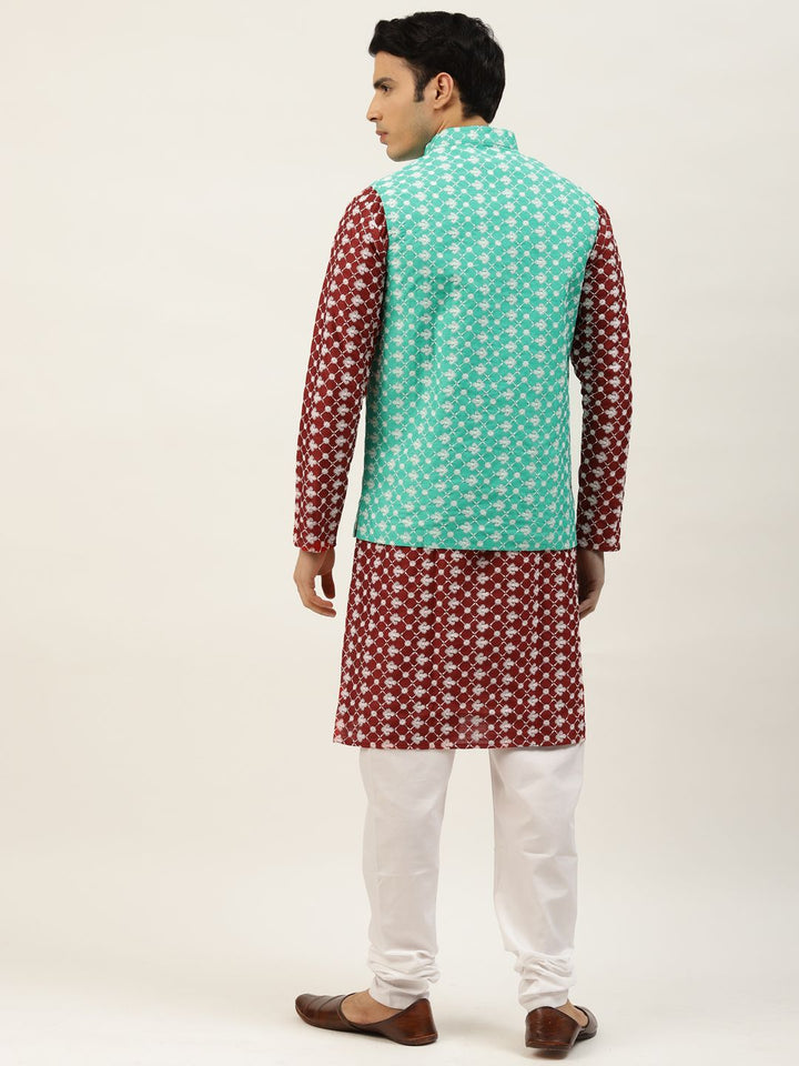 SOJANYA Men Maroon Chikankari Embroidered Kurta with Churidar & Nehru Jacket