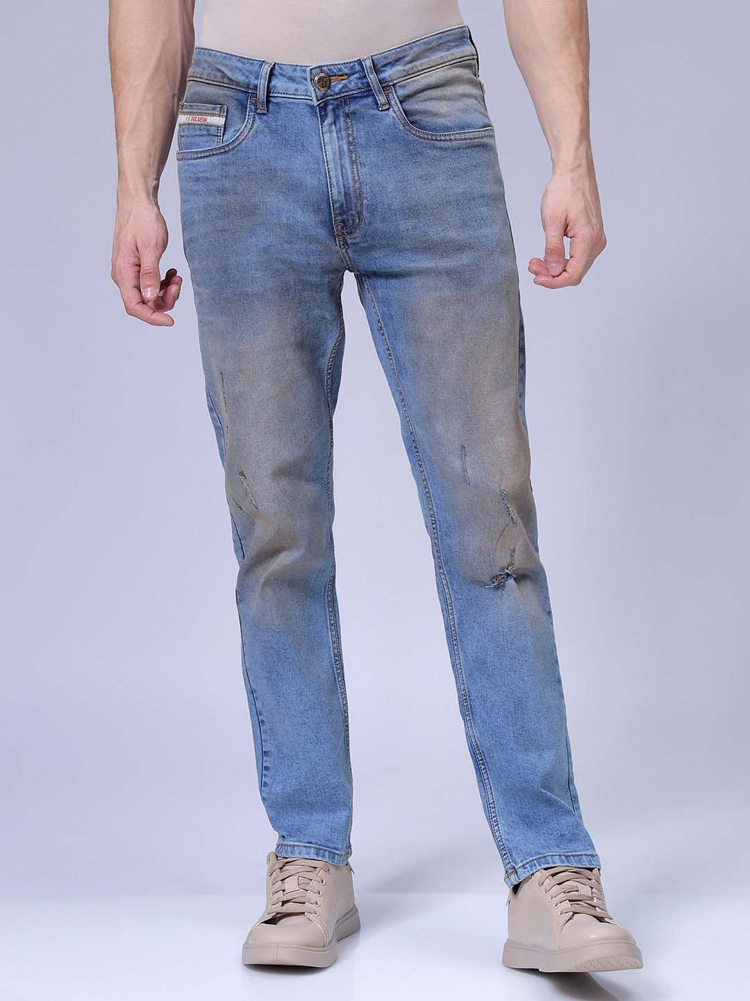 The Indian Garage Co Men Straight Fit Heavy Fade Low Distress Stretchable Jeans