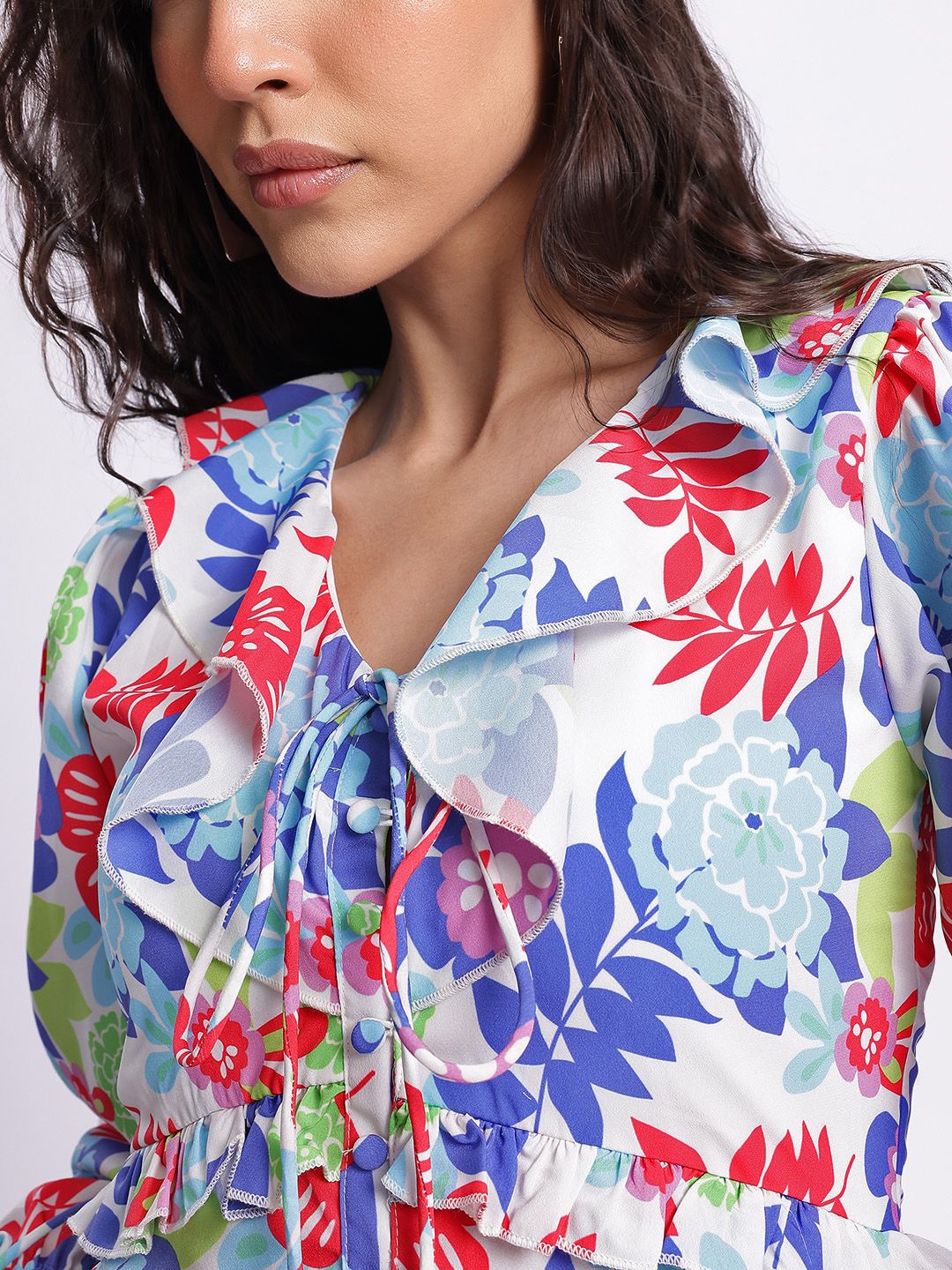 DressBerry Floral Haze Printed Ruffled Top with Tie-Up Detail